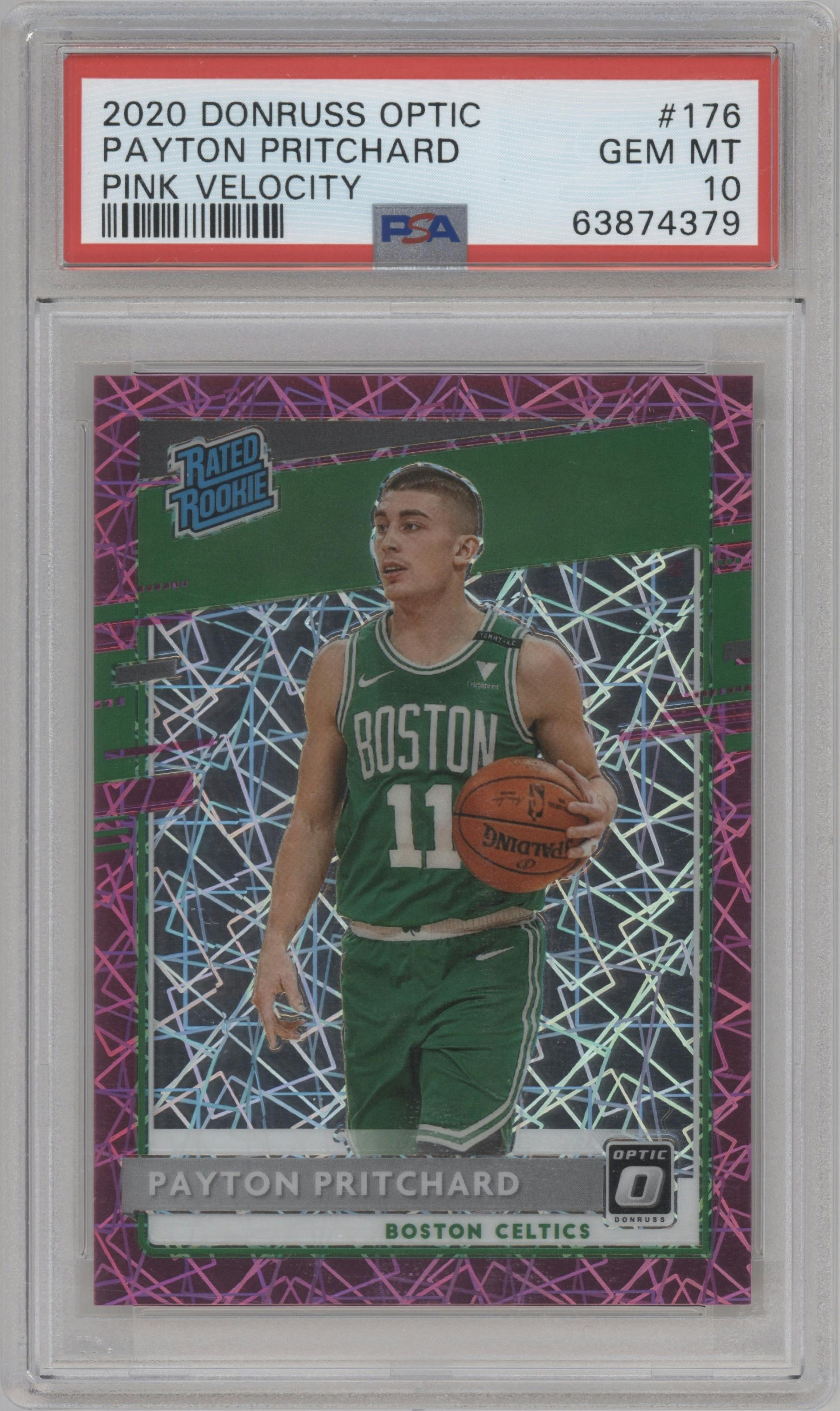 Payton Pritchard from the 2020-21 Panini Donruss Optic set featuring a Pink Velocity parallel graded by PSA and given an overall grade of 10.