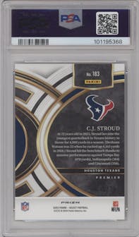 C.J. Stroud from the 2023 Panini Select set featuring a White Prizm parallel graded by PSA and given an overall grade of 10.