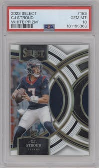 C.J. Stroud from the 2023 Panini Select set featuring a White Prizm parallel graded by PSA and given an overall grade of 10.
