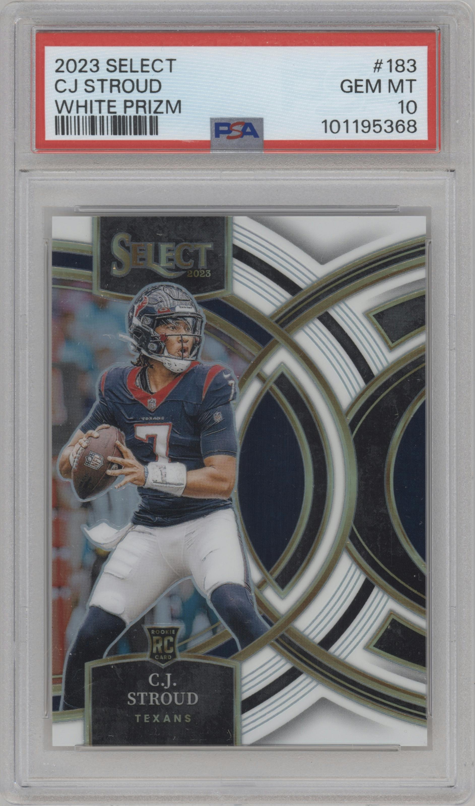 C.J. Stroud from the 2023 Panini Select set featuring a White Prizm parallel graded by PSA and given an overall grade of 10.