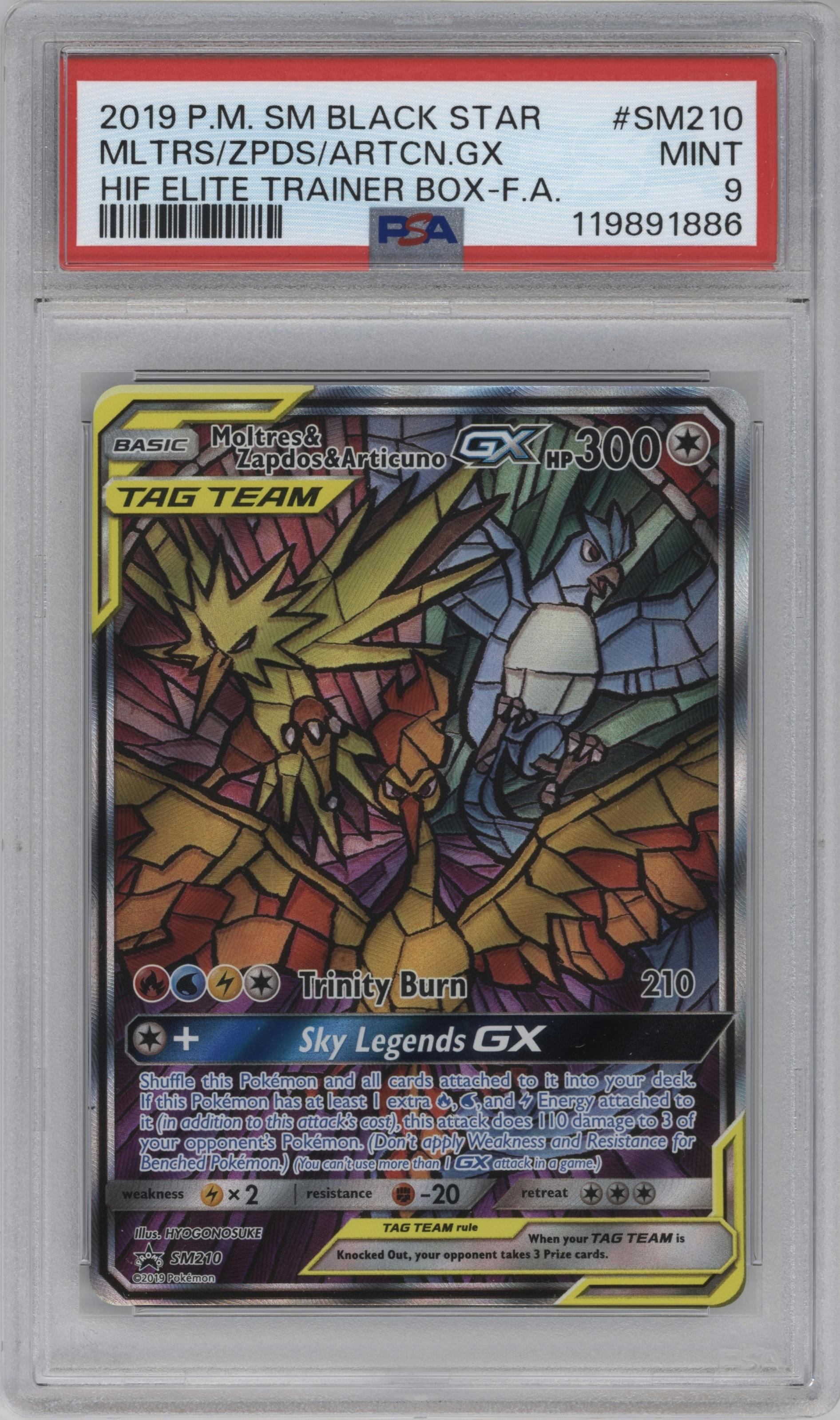 Moltres/Zapdos/Articuno GX from the 2019 Pokemon S&M  set featuring a Hidden Fates Elite Trainer Box parallel graded by PSA and given an overall grade of 9.