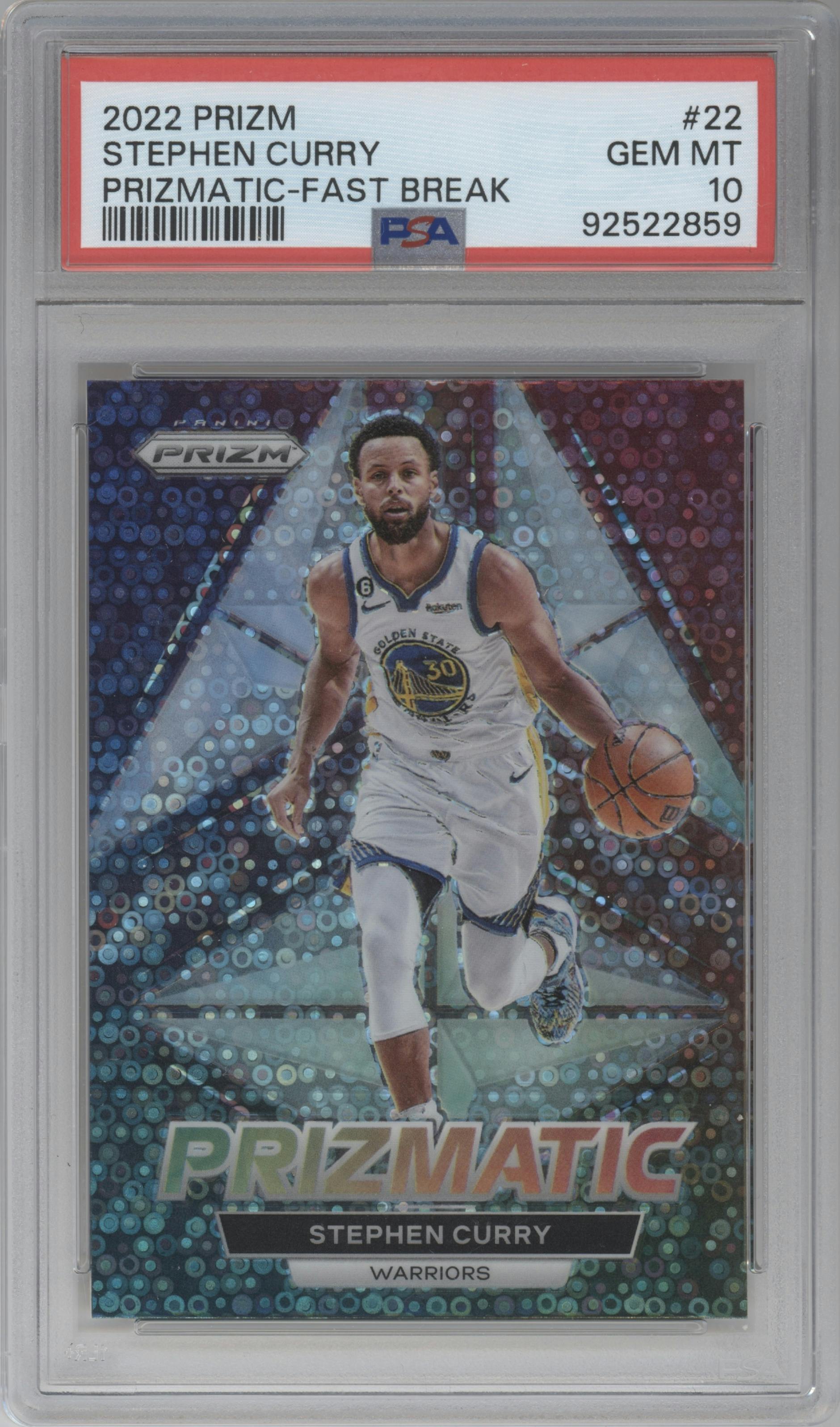  Stephen Curry from the 2022-23 Panini Prizm  set featuring a Fast Break parallel graded by PSA and given an overall grade of 10.