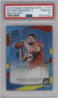 Patrick Mahomes II from the 2017 Panini Donruss Optic set featuring a Red/Yellow parallel graded by PSA and given an overall grade of 10.