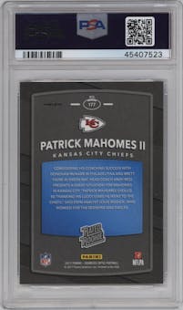 Patrick Mahomes II from the 2017 Panini Donruss Optic set featuring a Red/Yellow parallel graded by PSA and given an overall grade of 10.