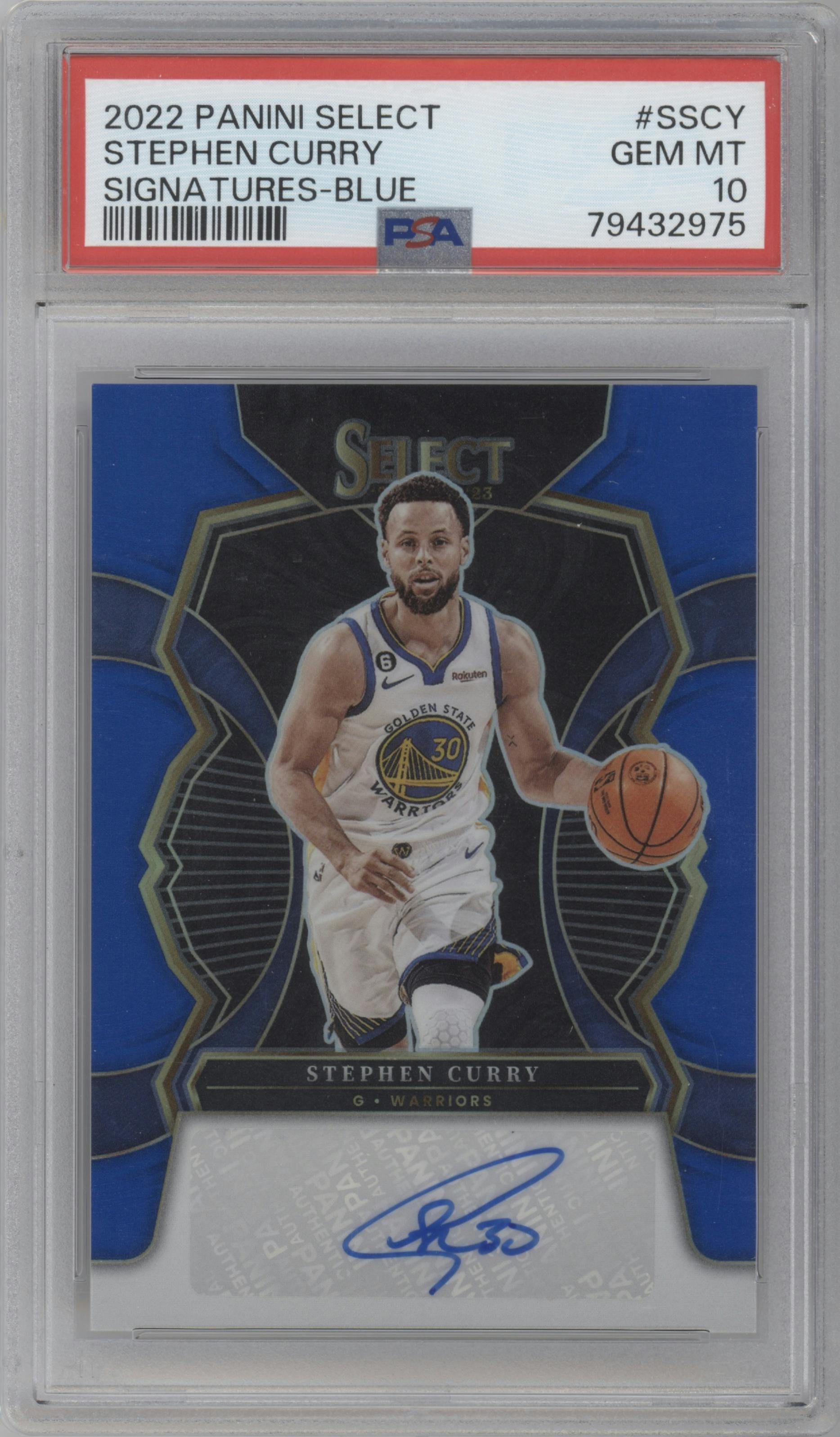 Stephen Curry from the 2022-23 Panini Select set featuring a Blue Prizm parallel graded by PSA and given an overall grade of 10.