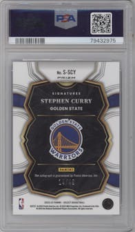 Stephen Curry from the 2022-23 Panini Select set featuring a Blue Prizm parallel graded by PSA and given an overall grade of 10.