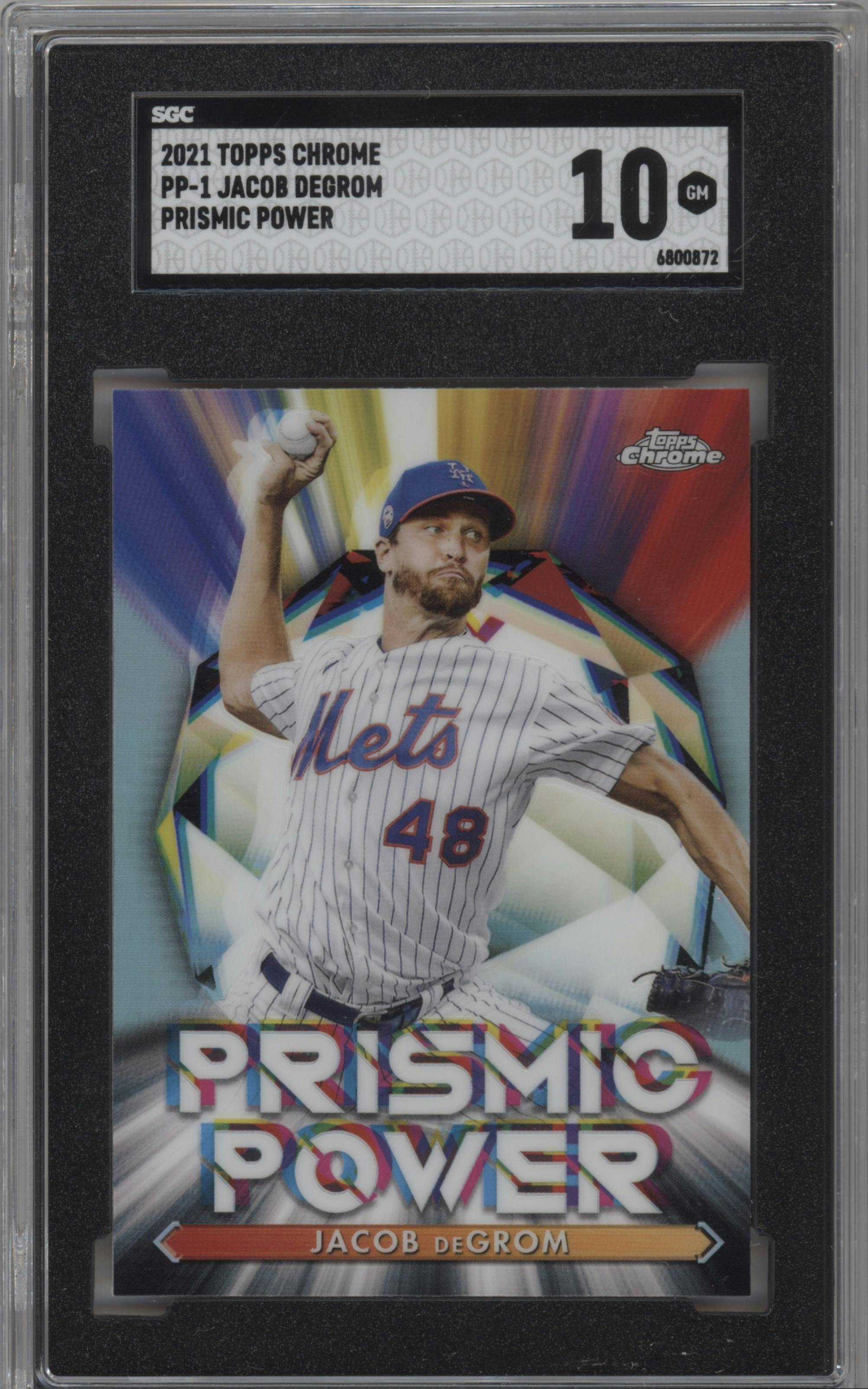 Jacob deGrom from the 2021 Topps Chrome set graded by SGC and given an overall grade of 10.