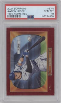 Aaron Judge from the 2024 Bowman set featuring a Red Refractors parallel graded by PSA and given an overall grade of 10.