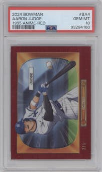 Aaron Judge from the 2024 Bowman set featuring a Red Refractors parallel graded by PSA and given an overall grade of 10.