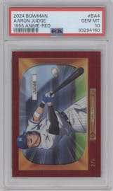 Aaron Judge from the 2024 Bowman set featuring a Red Refractors parallel graded by PSA and given an overall grade of 10.