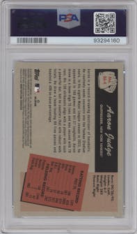 Aaron Judge from the 2024 Bowman set featuring a Red Refractors parallel graded by PSA and given an overall grade of 10.