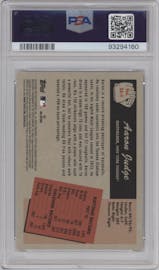 Aaron Judge from the 2024 Bowman set featuring a Red Refractors parallel graded by PSA and given an overall grade of 10.