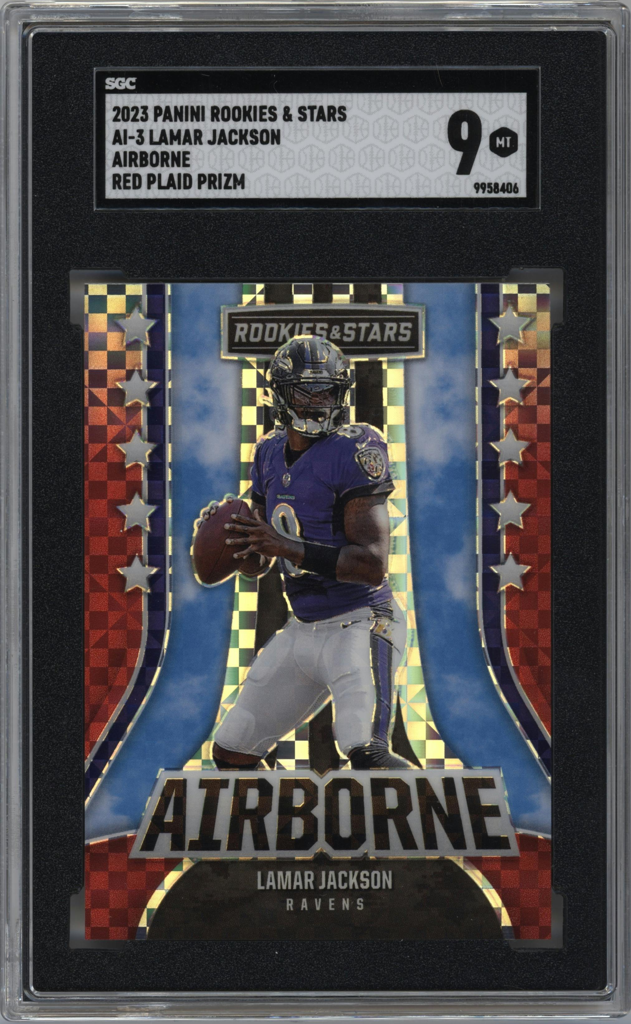 Lamar Jackson from the 2023 Panini Rookies & Stars set featuring a Red Plaid parallel graded by SGC and given an overall grade of 9.