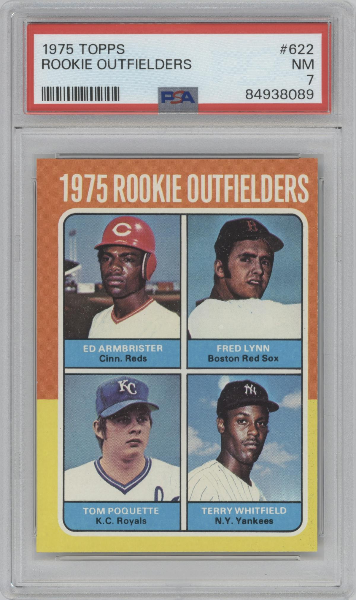 Ed Armbrister/Fred Lynn/Tom Poquette/Terry Whitfield from the 1975 Topps set graded by PSA and given an overall grade of 7.