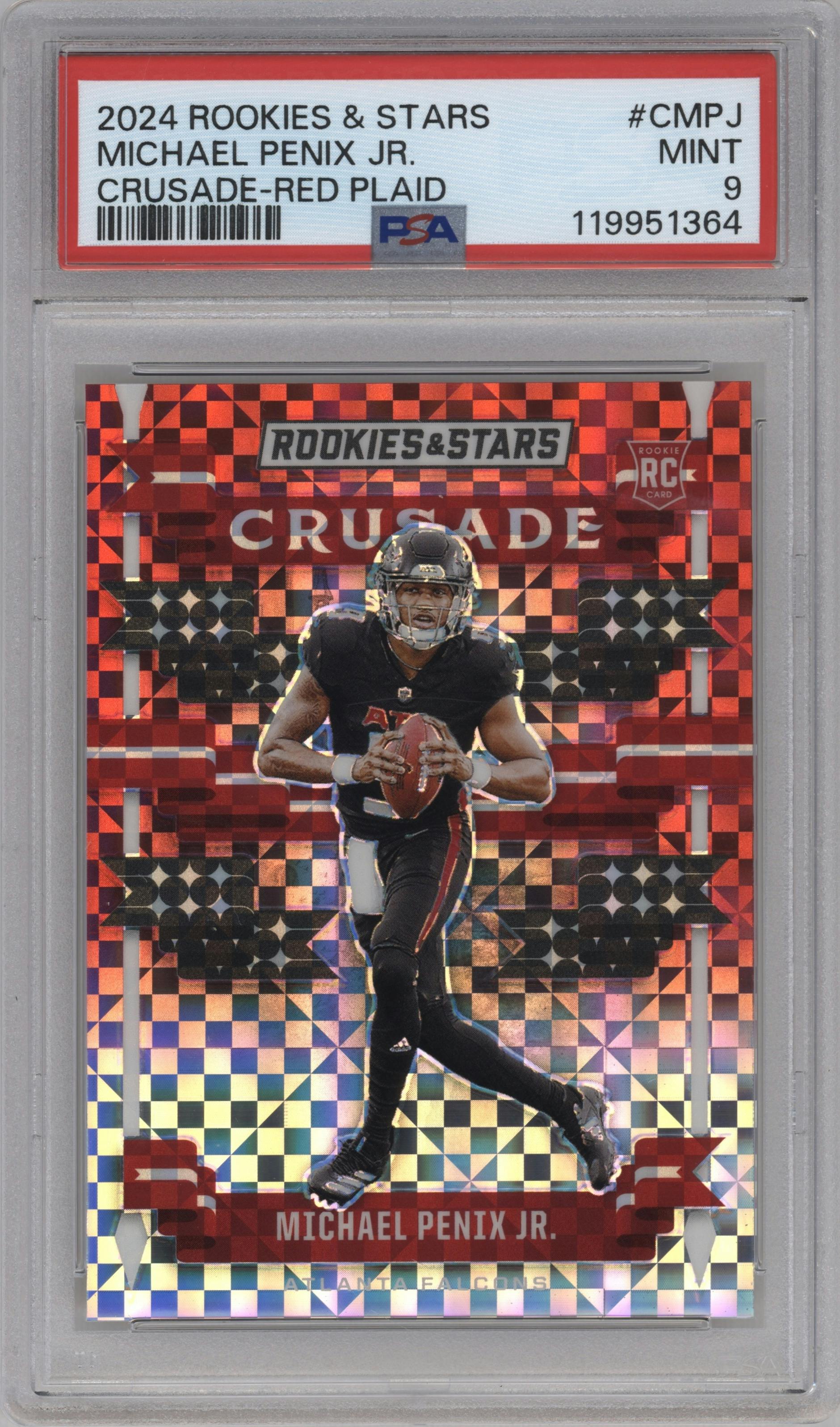 Michael Penix Jr. from the 2024 Panini Rookies & Stars set featuring a Red Plaid parallel graded by PSA and given an overall grade of 9.