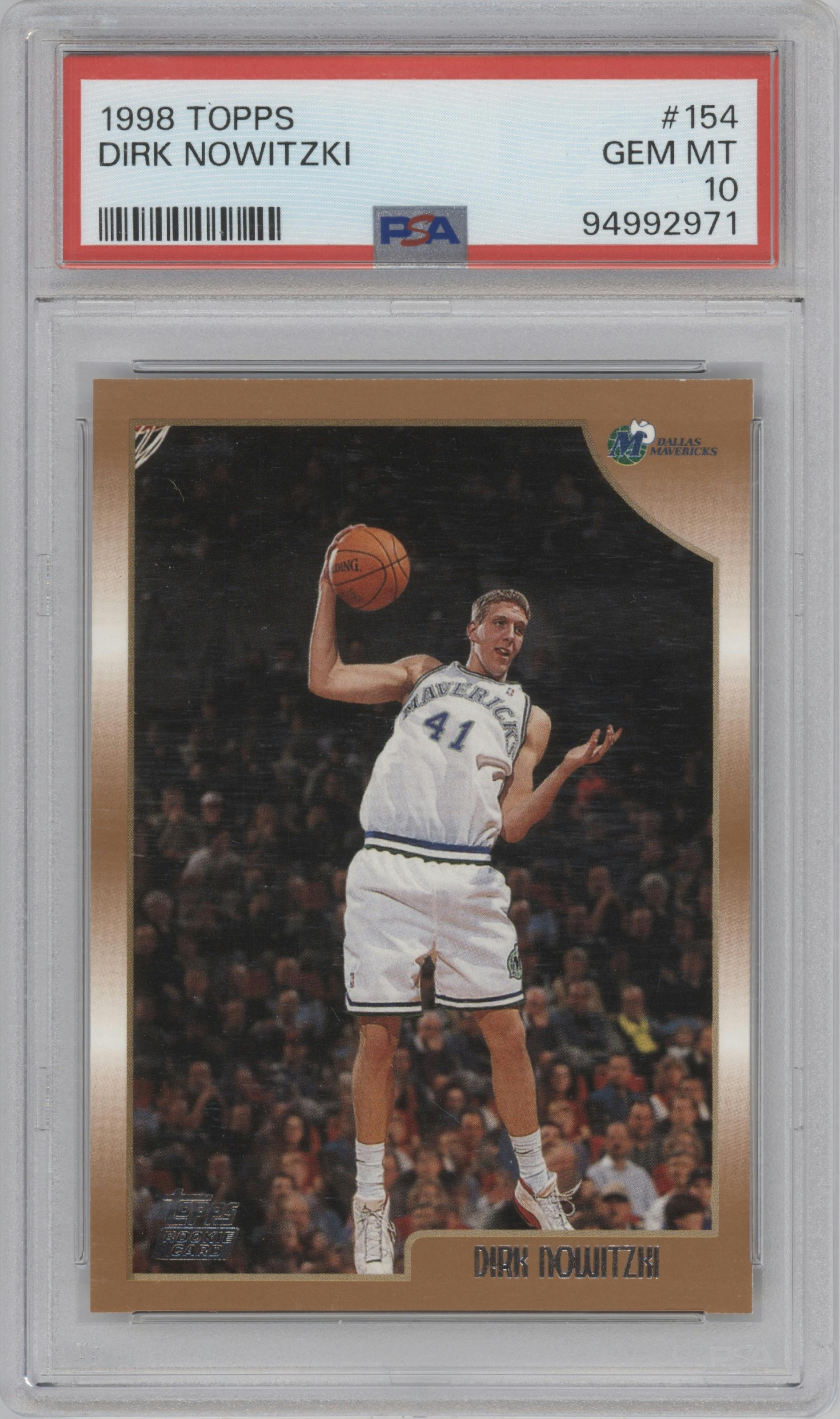 Dirk Nowitzki from the 1998-99 Topps set graded by PSA and given an overall grade of 10.