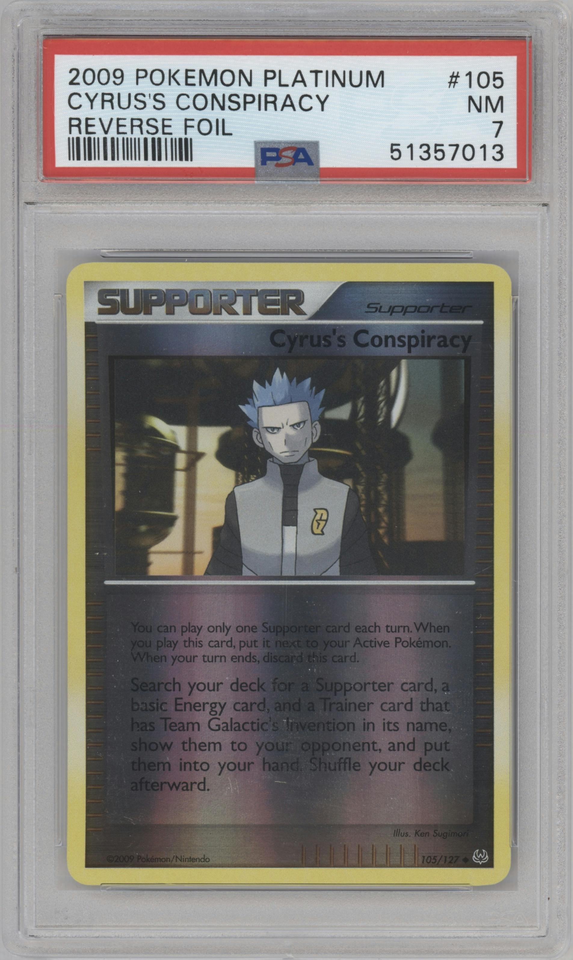 Cyrus's Conspiracy from the 2009 Pokemon Platinum set graded by PSA and given an overall grade of 7.