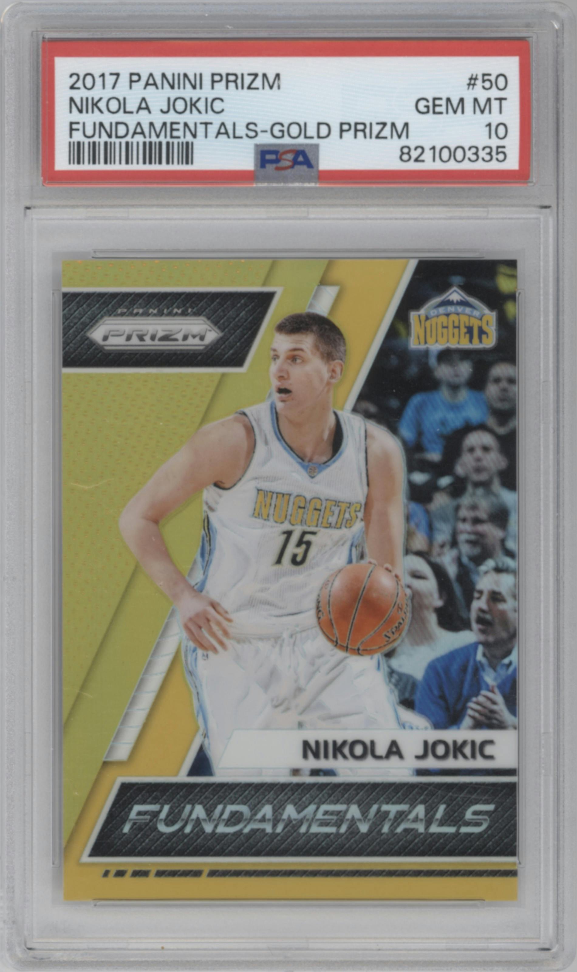 Nikola Jokic from the 2017-18 Panini Prizm  set featuring a Gold Prizm parallel graded by PSA and given an overall grade of 10.