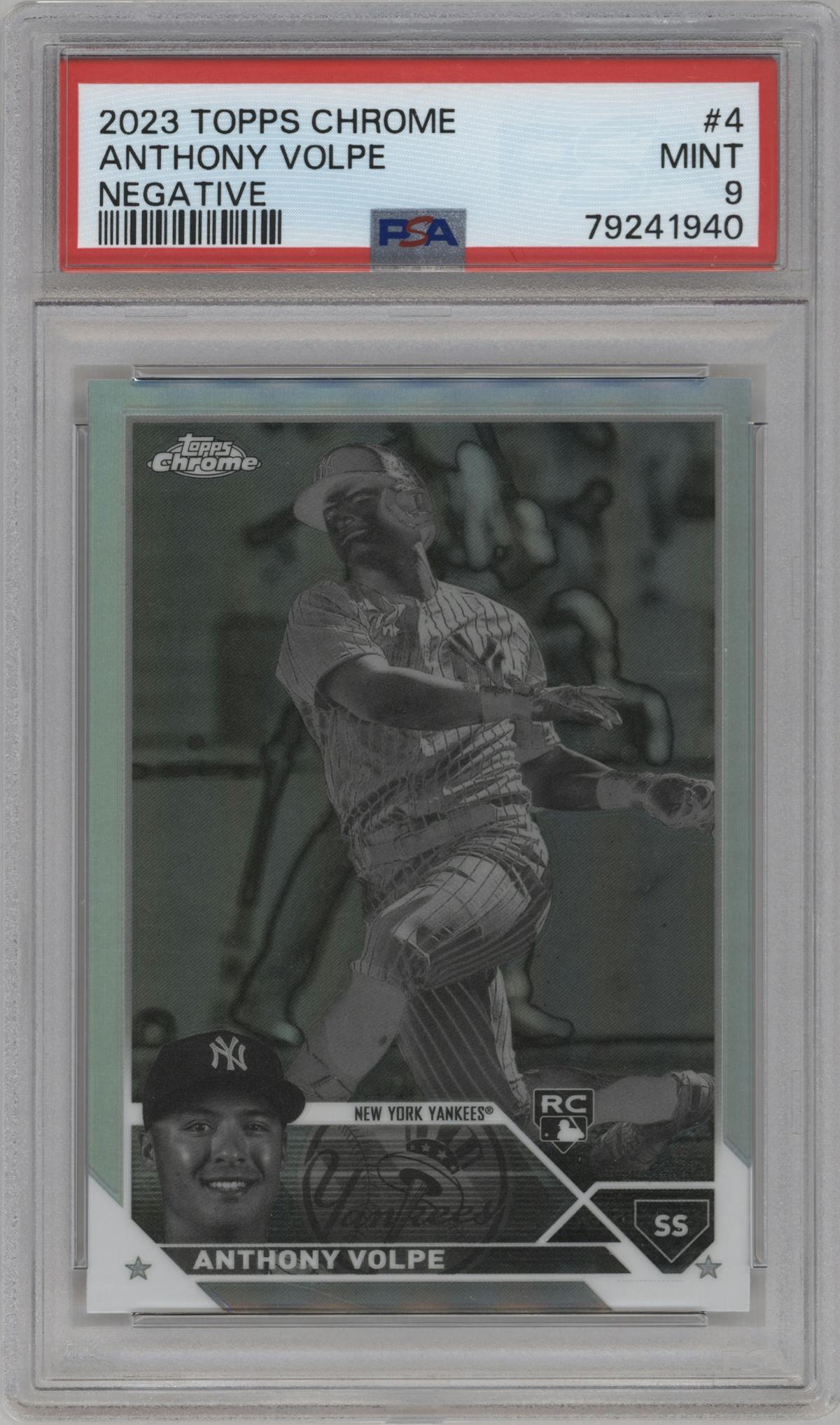 Anthony Volpe from the 2023 Topps Chrome set featuring a Negative Refractor parallel graded by PSA and given an overall grade of 9.