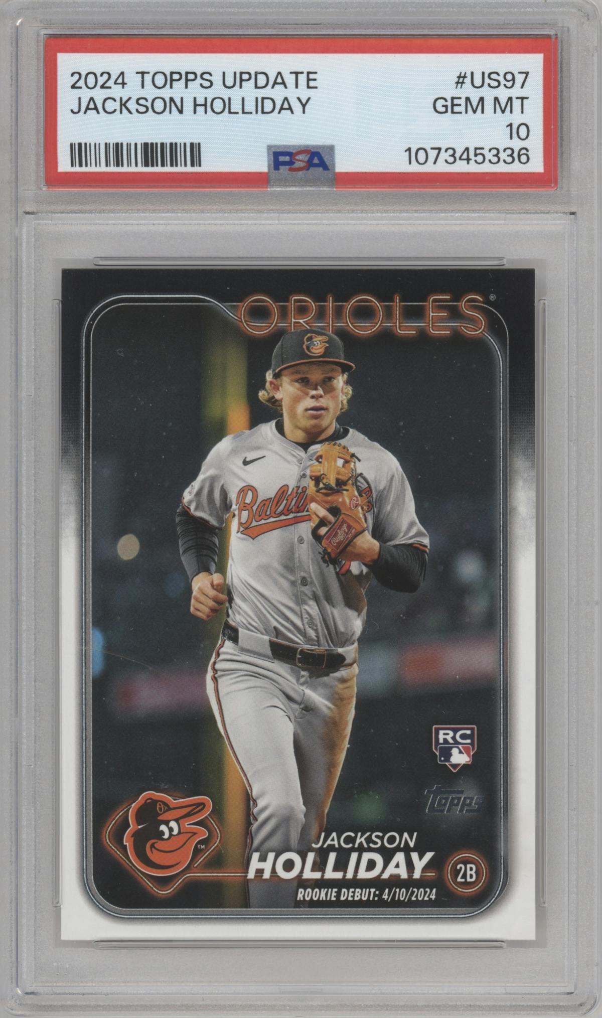 Jackson Holliday from the 2024 Topps Update set graded by PSA and given an overall grade of 10.