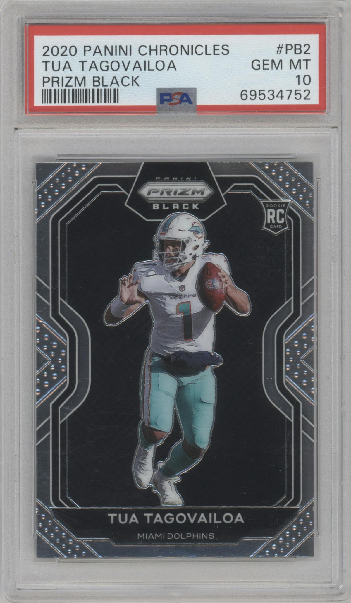 Tua Tagovailoa from the 2020 Panini Chronicles set graded by PSA and given an overall grade of 10.