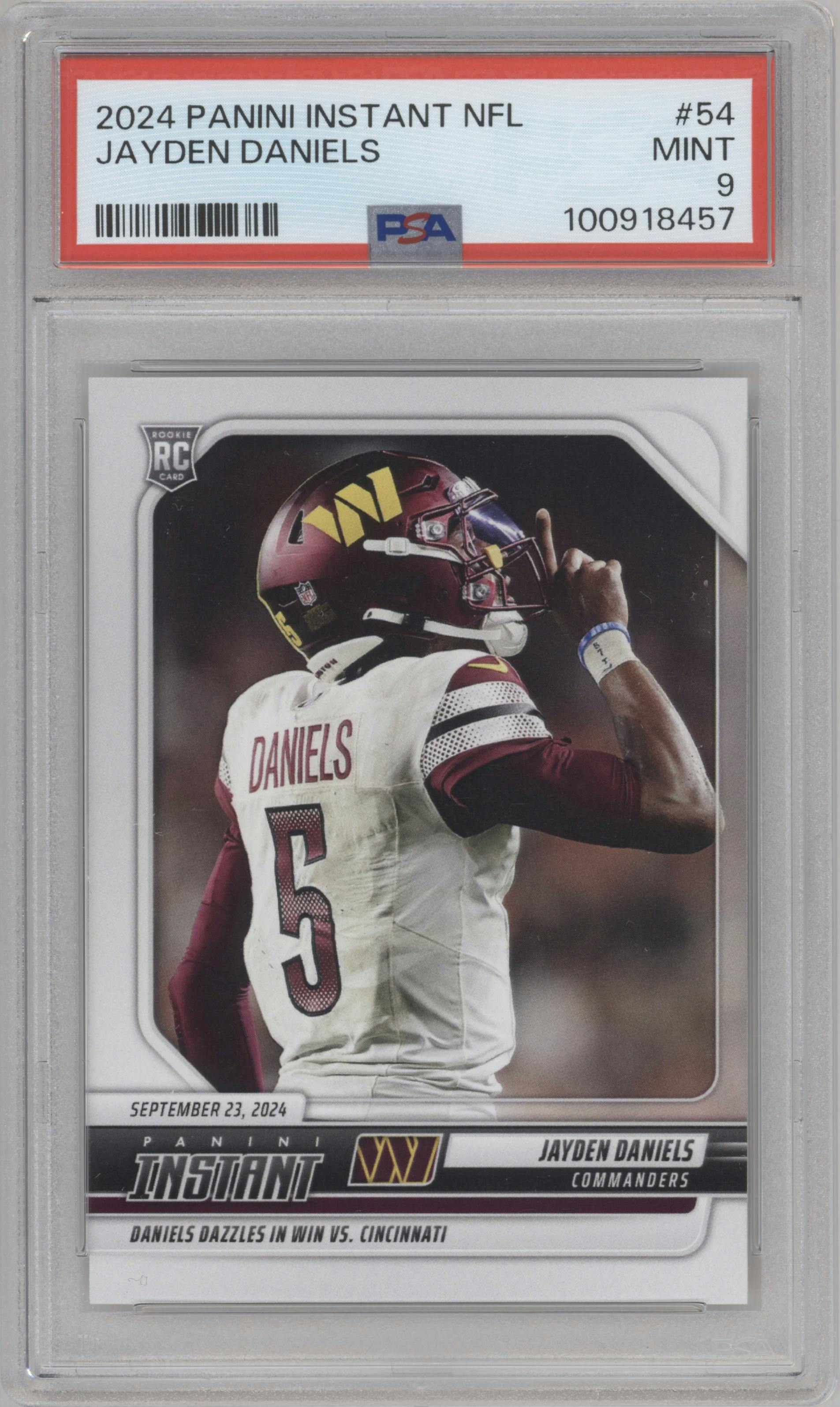 Jayden Daniels from the 2024 Panini Instant NFL set graded by PSA and given an overall grade of 9.