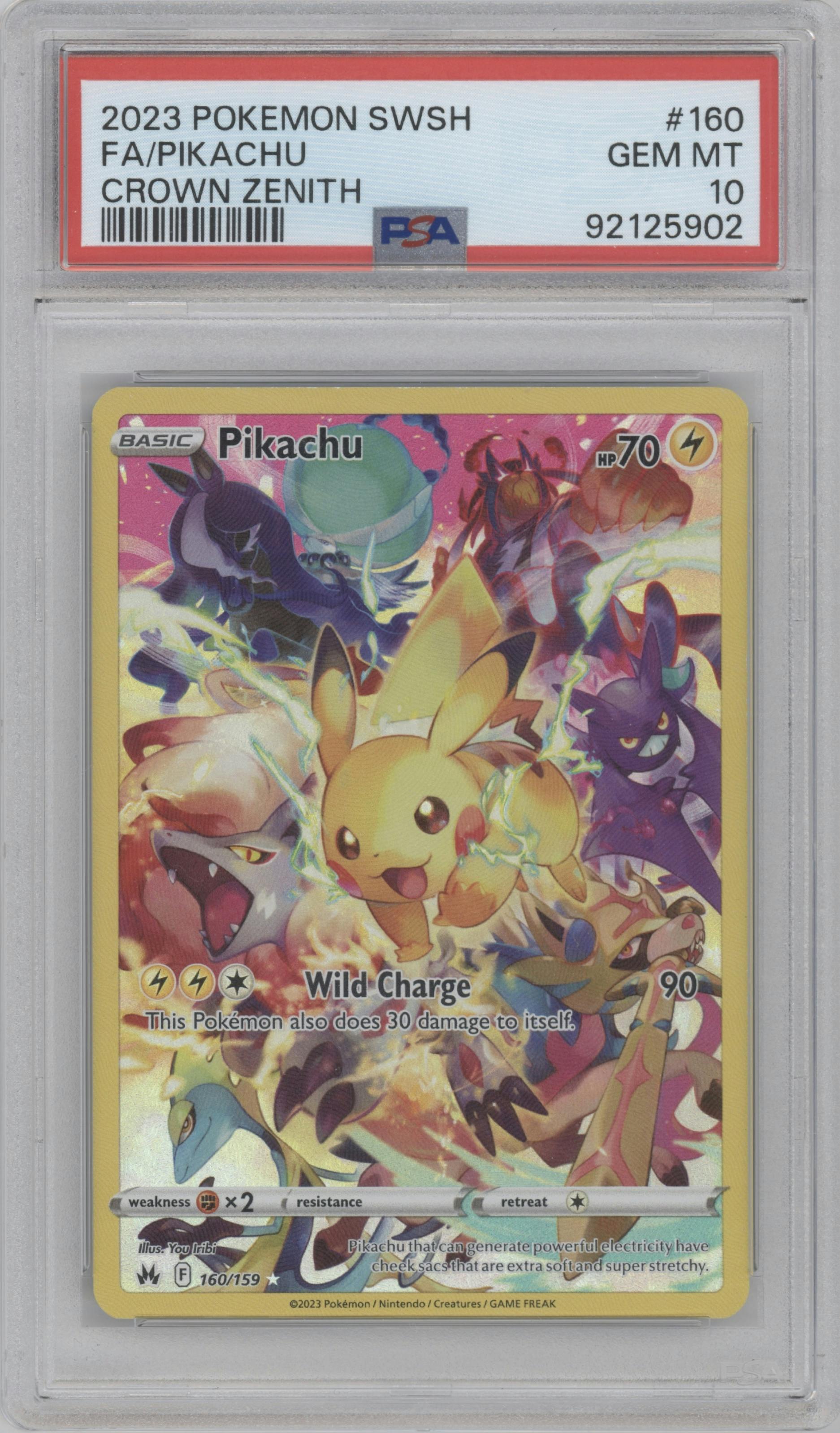 Pikachu  from the 2023 Pokemon SWSH set graded by PSA and given an overall grade of 10.