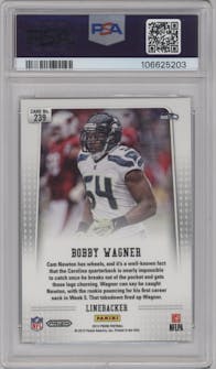 Bobby Wagner from the 2012 Panini Prizm set featuring a Green Prizm  parallel graded by PSA and given an overall grade of 9.