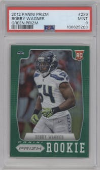 Bobby Wagner from the 2012 Panini Prizm set featuring a Green Prizm  parallel graded by PSA and given an overall grade of 9.