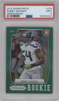 Bobby Wagner from the 2012 Panini Prizm set featuring a Green Prizm  parallel graded by PSA and given an overall grade of 9.