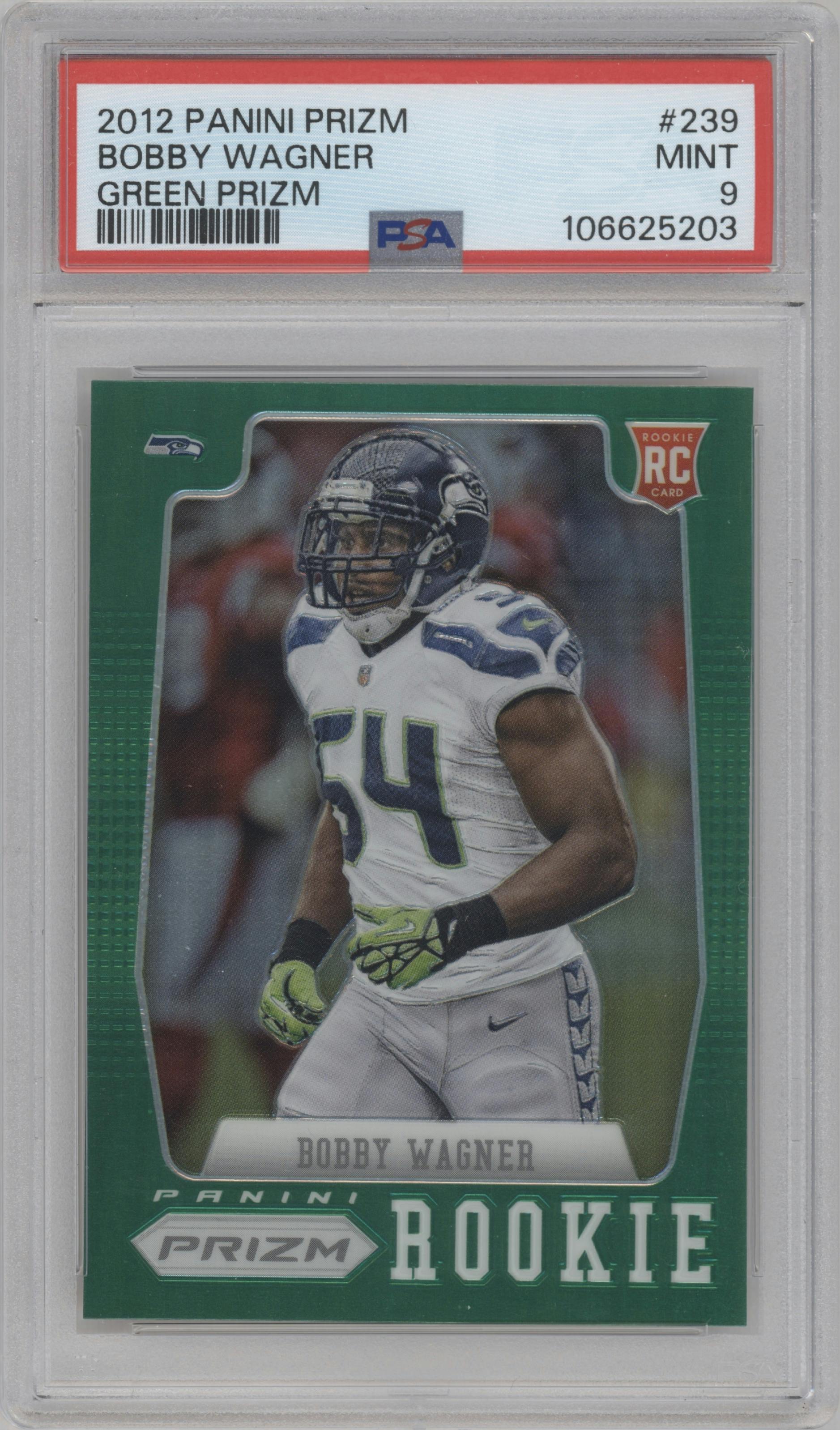 Bobby Wagner from the 2012 Panini Prizm set featuring a Green Prizm  parallel graded by PSA and given an overall grade of 9.
