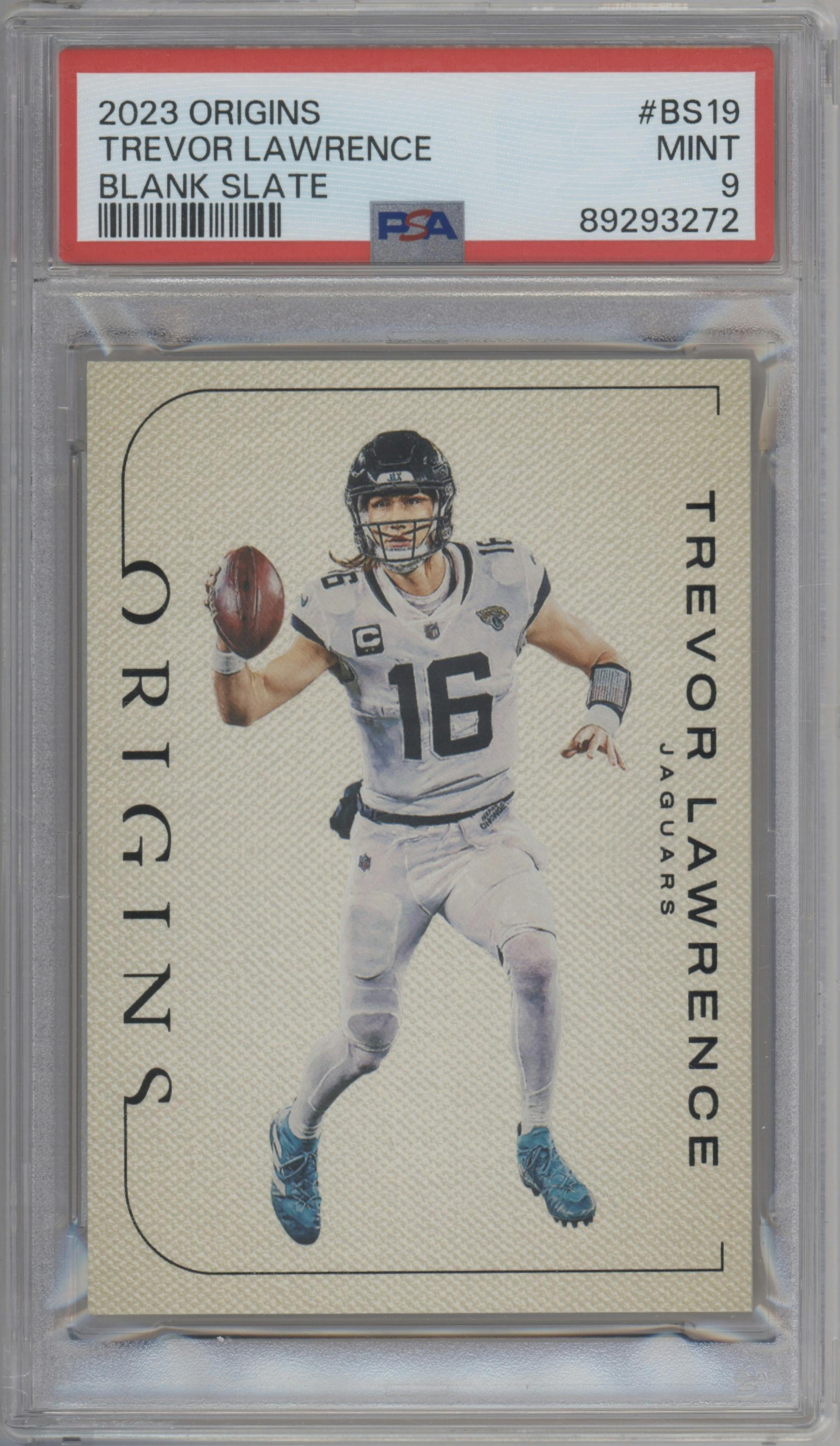 Trevor Lawrence from the 2023 Panini Origins set graded by PSA and given an overall grade of 9.