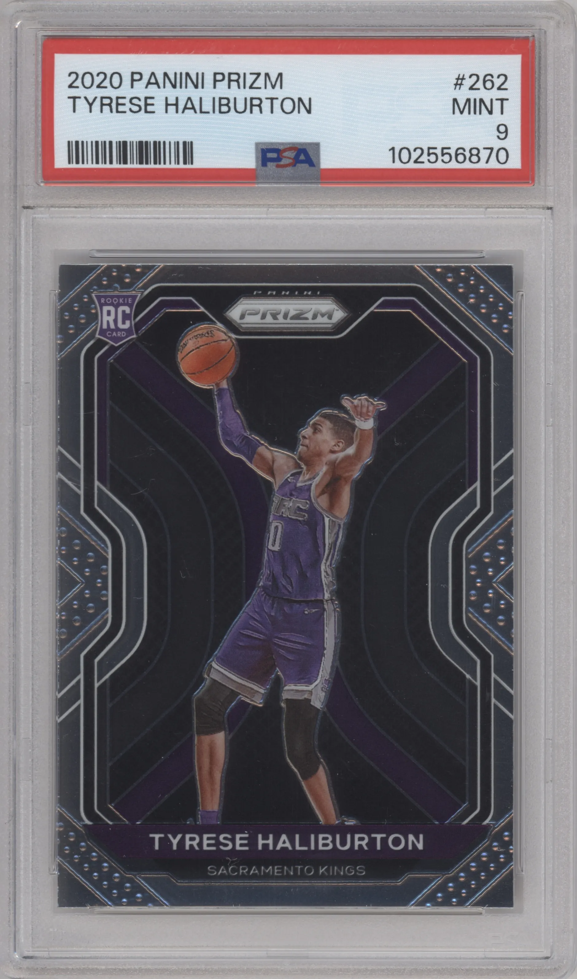 Tyrese Haliburton from the 2020-21 Panini Prizm set graded by PSA and given an overall grade of 9.