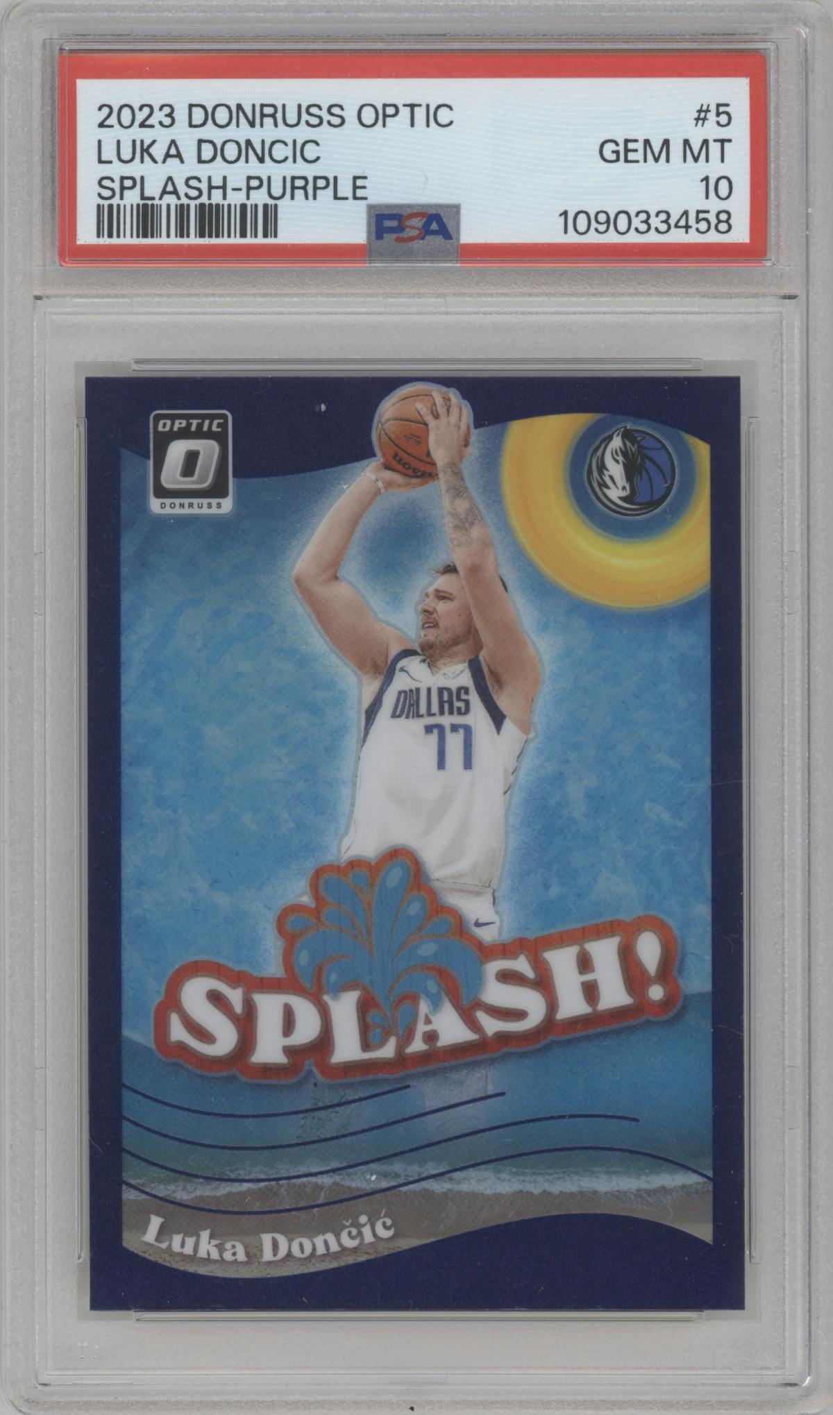 Luka Doncic from the 2023-24 Donruss Optic set featuring a Purple parallel graded by PSA and given an overall grade of 10.
