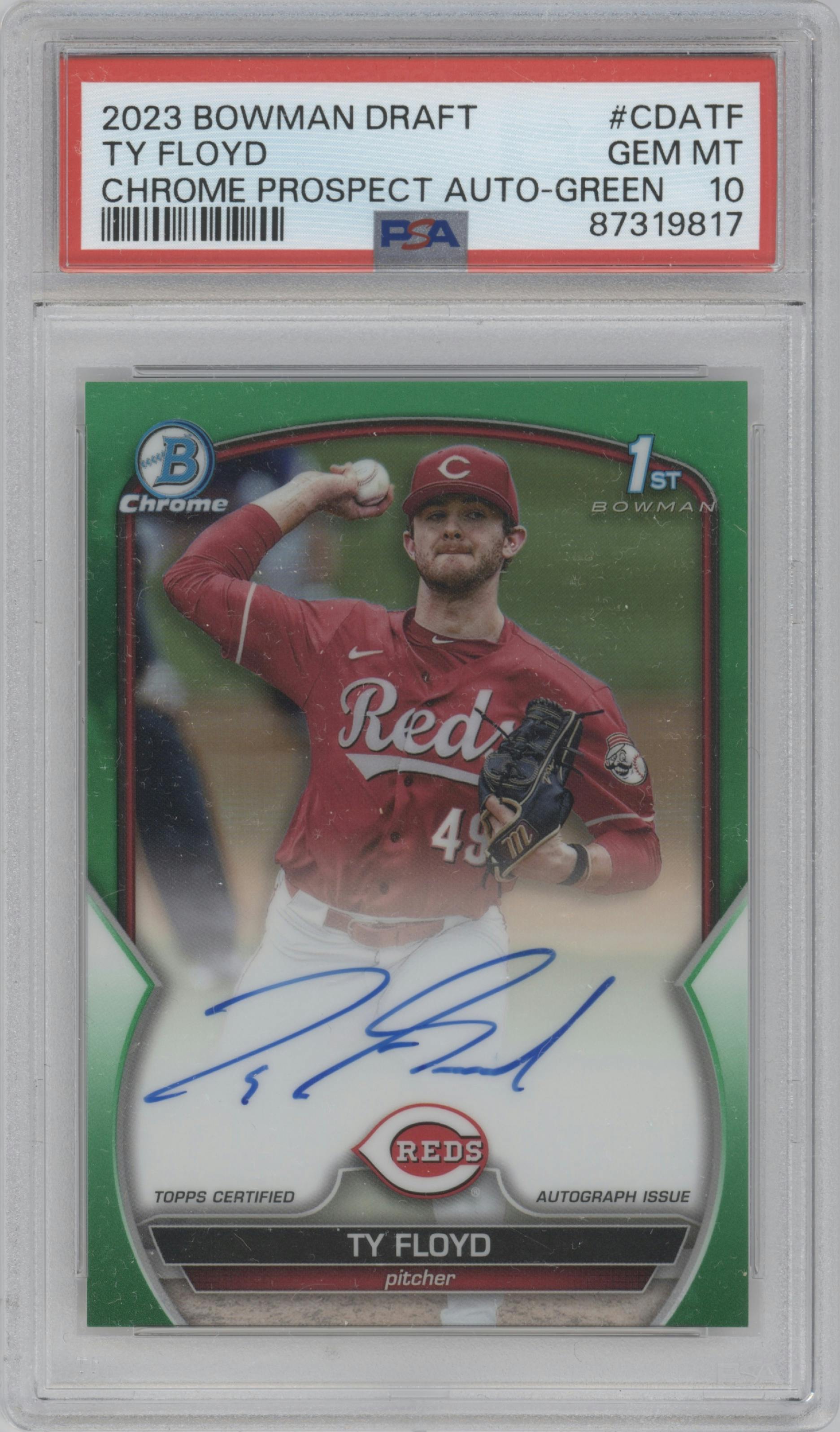 Ty Floyd from the 2023 Bowman Draft set featuring a Green Refractor parallel graded by PSA and given an overall grade of 10.