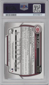 Ty Floyd from the 2023 Bowman Draft set featuring a Green Refractor parallel graded by PSA and given an overall grade of 10.