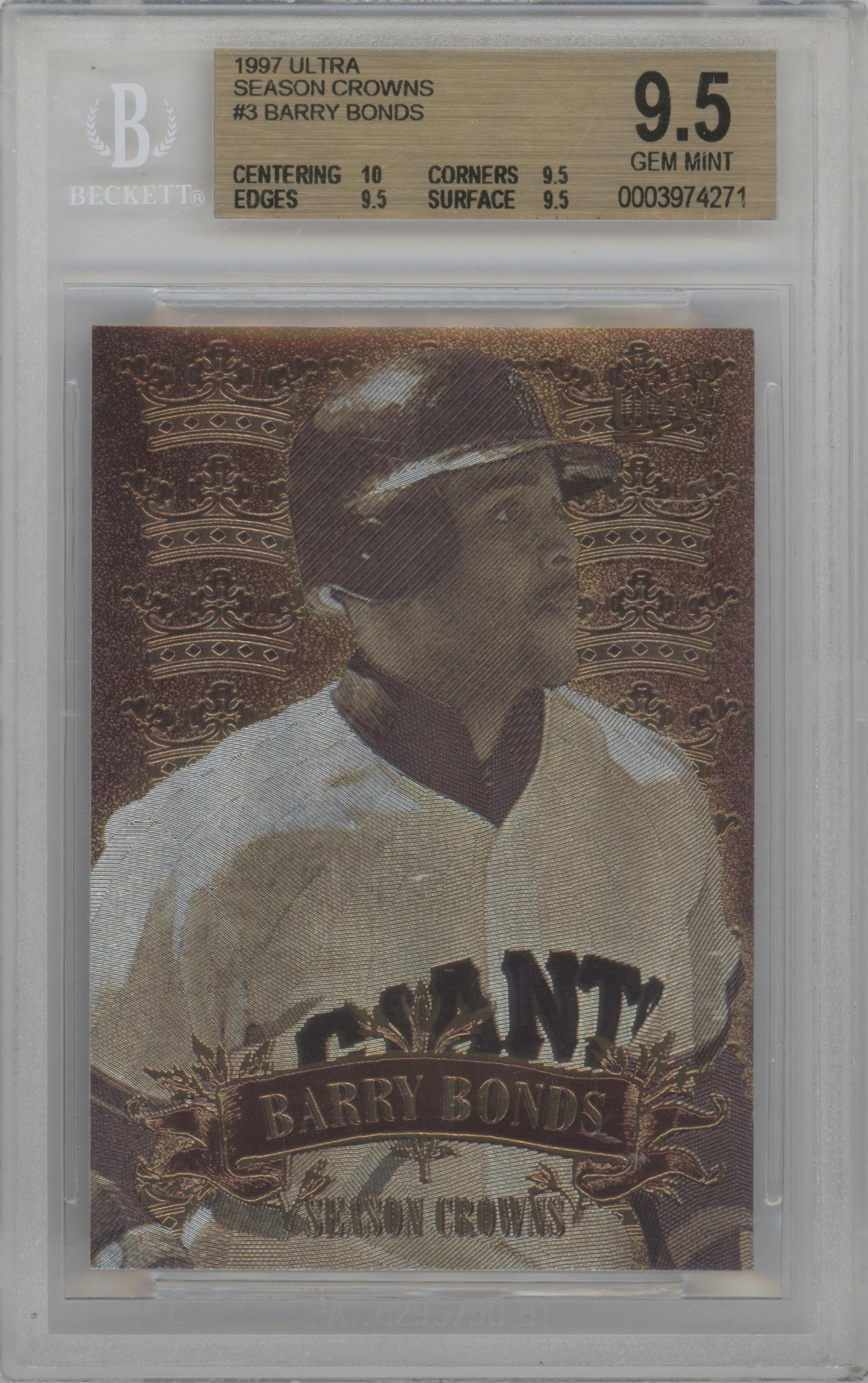 Barry Bonds  from the 1997 Fleer Ultra set graded by Beckett and given an overall grade of 9.5.