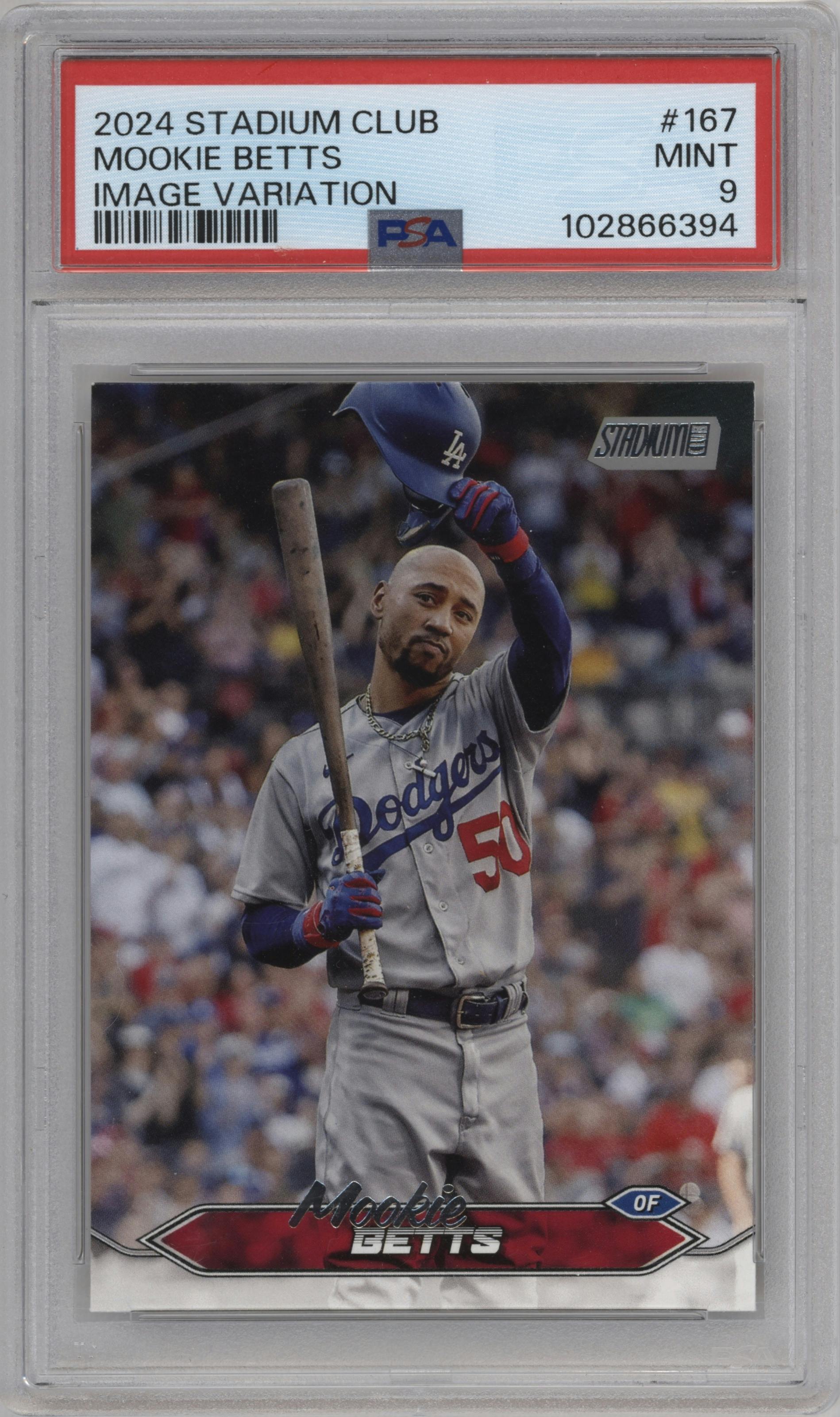 Mookie Betts from the 2024 Topps Stadium Club set graded by PSA and given an overall grade of 9.