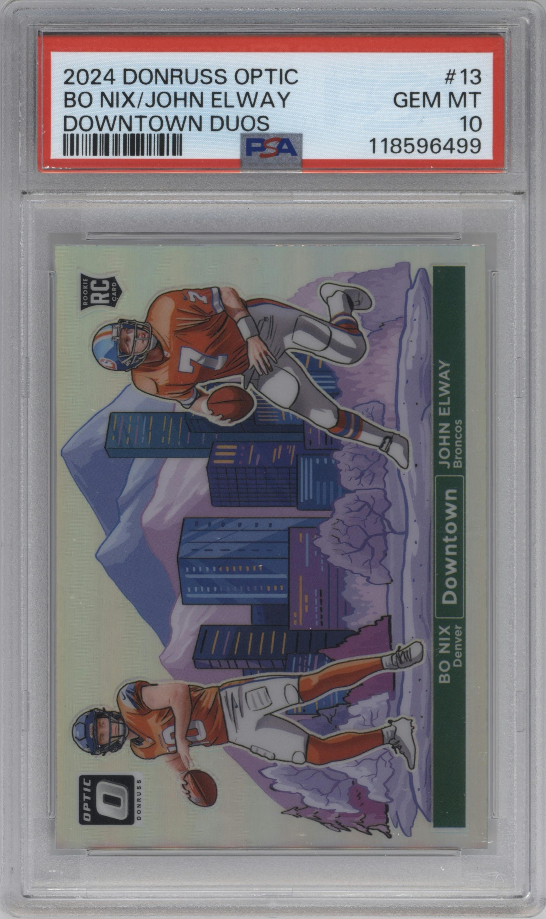 Bo Nix/John Elway from the 2024 Donruss Optic set graded by PSA and given an overall grade of 10.