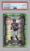 C.J. Stroud from the 2023 Panini Prizm set featuring a Neon Green Pulsar parallel graded by PSA and given an overall grade of 10.