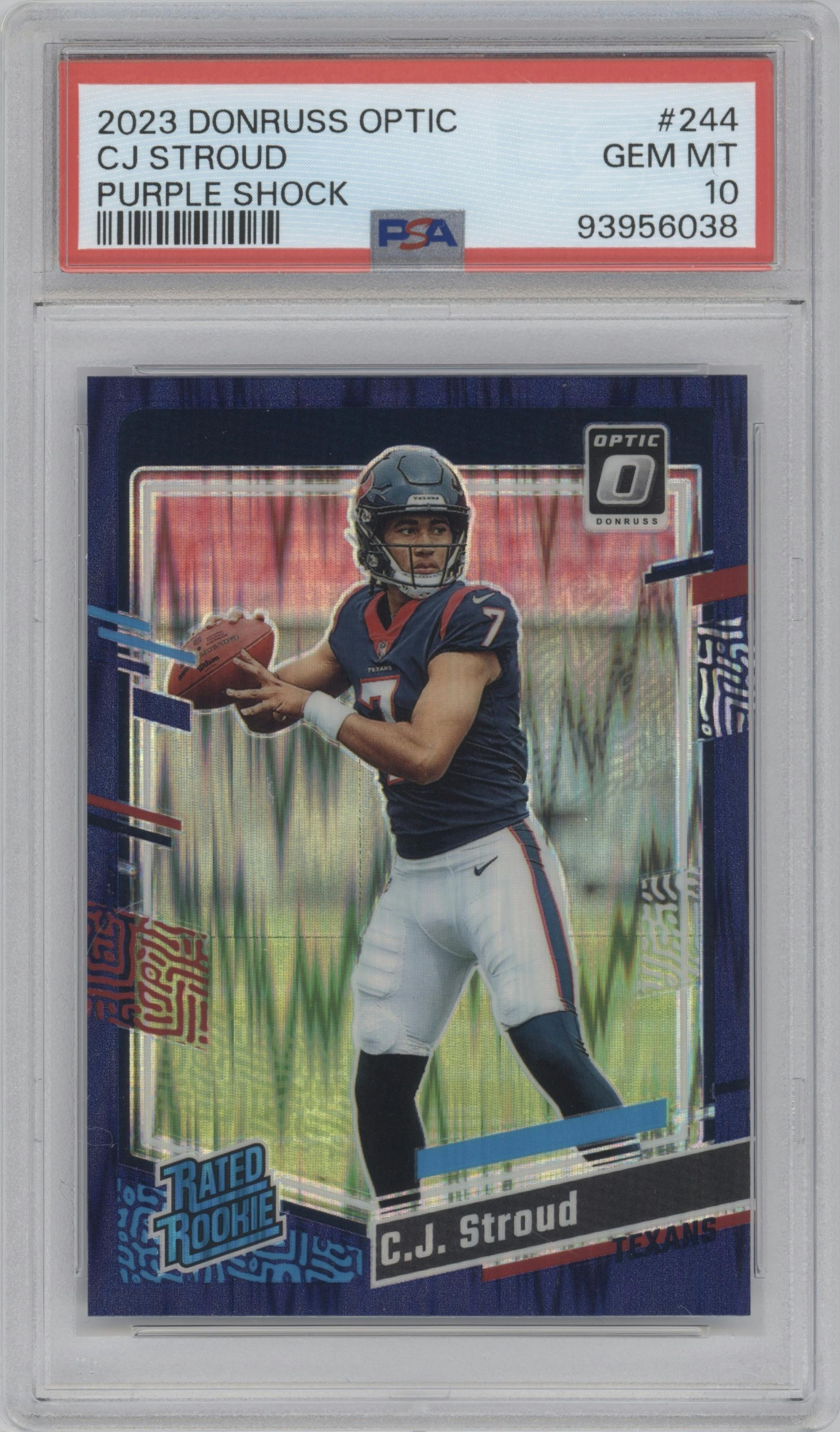 C.J. Stroud from the 2023 Donruss Optic set featuring a  Purple Shock parallel graded by PSA and given an overall grade of 10.