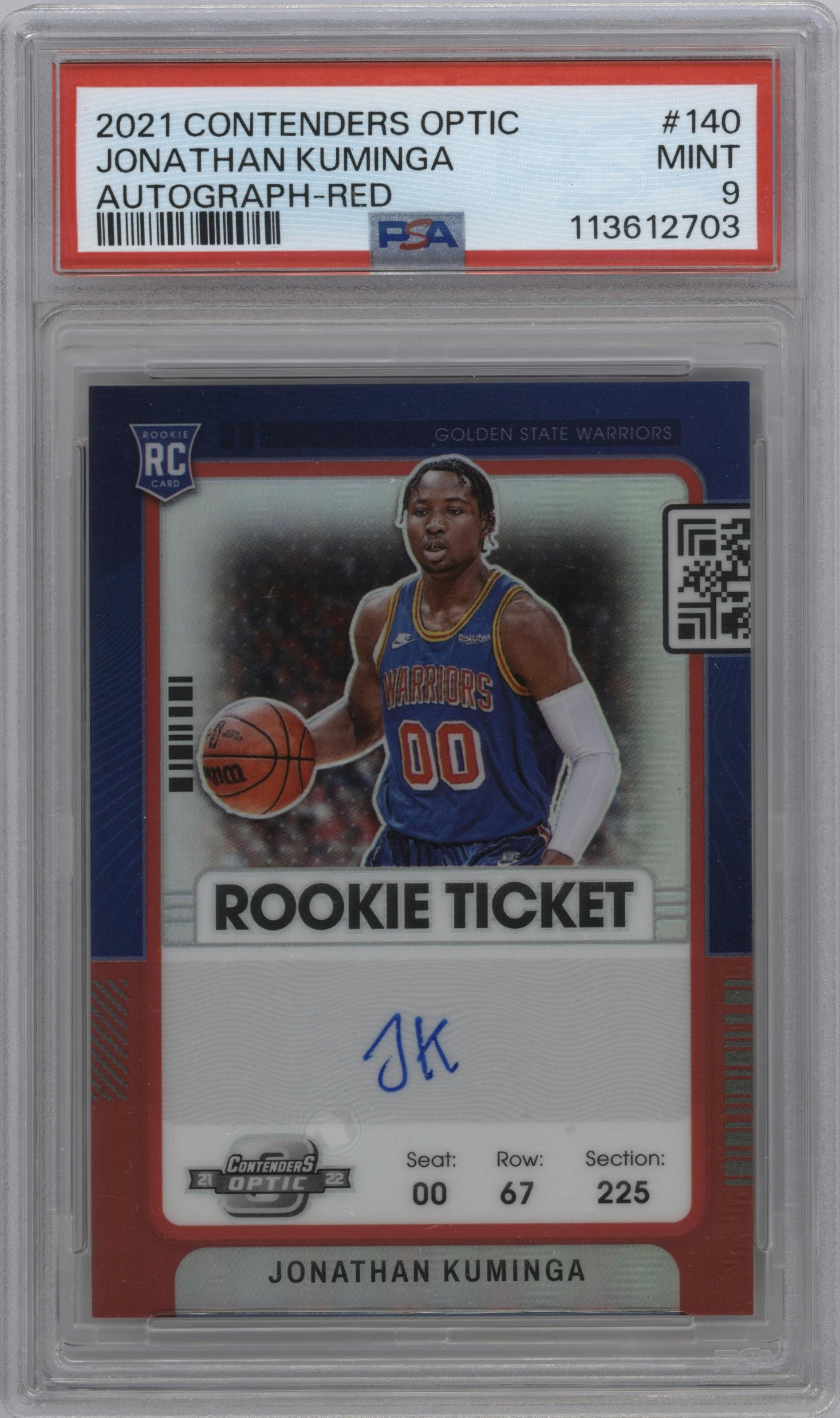 Jonathan Kuminga from the 2021-22 Panini Contenders Optic set featuring a Red parallel graded by PSA and given an overall grade of 9.