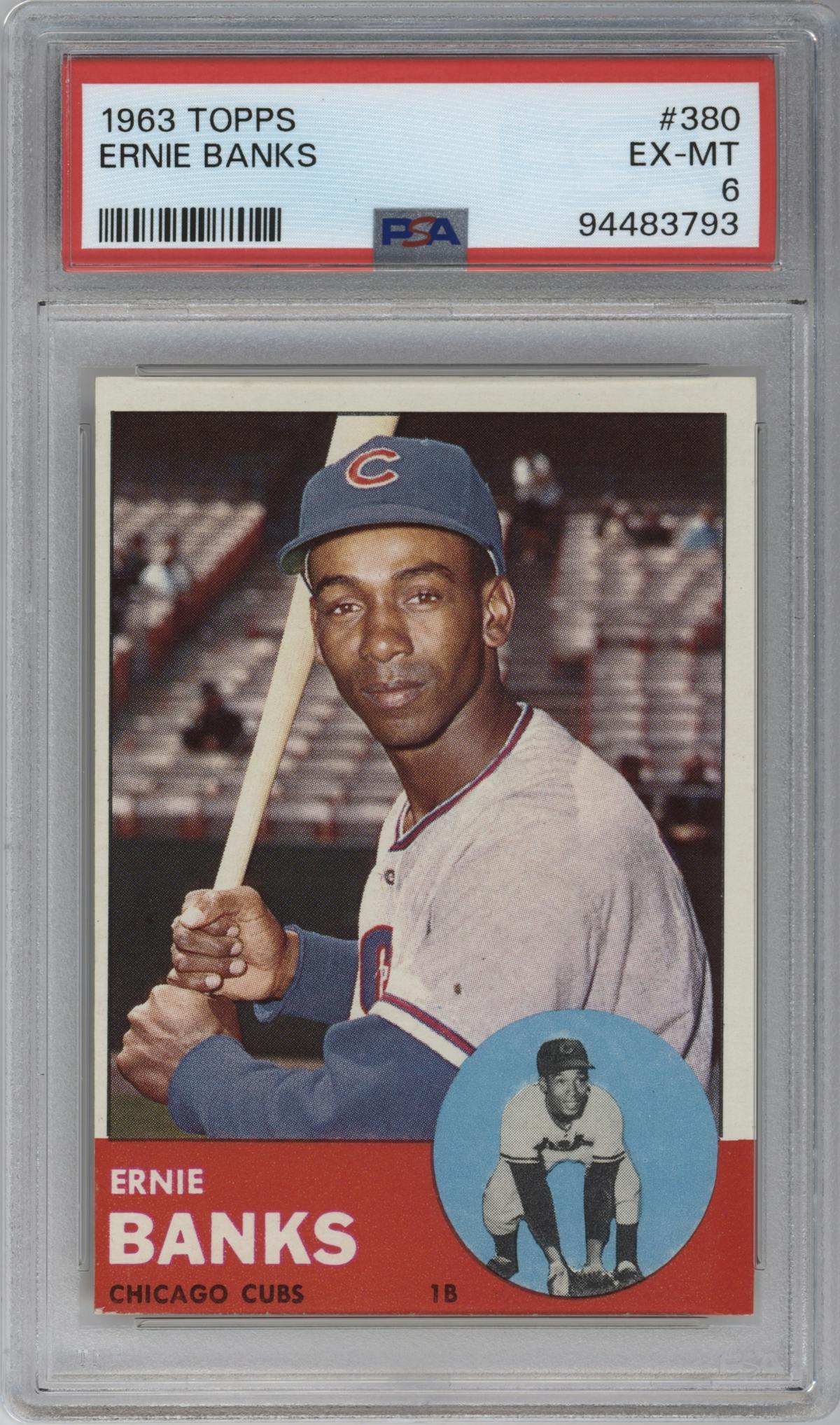 Ernie Banks from the 1963 Topps set graded by PSA and given an overall grade of 6.