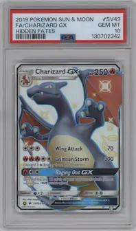 Charizard GX from the 2019 Pokemon S&M  set graded by PSA and given an overall grade of 10.