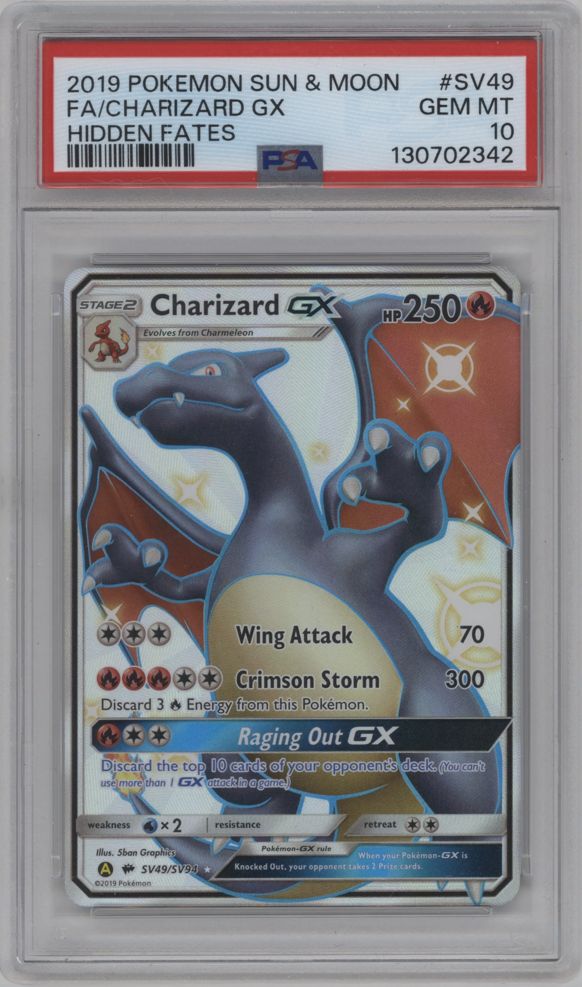 Charizard GX from the 2019 Pokemon S&M  set graded by PSA and given an overall grade of 10.
