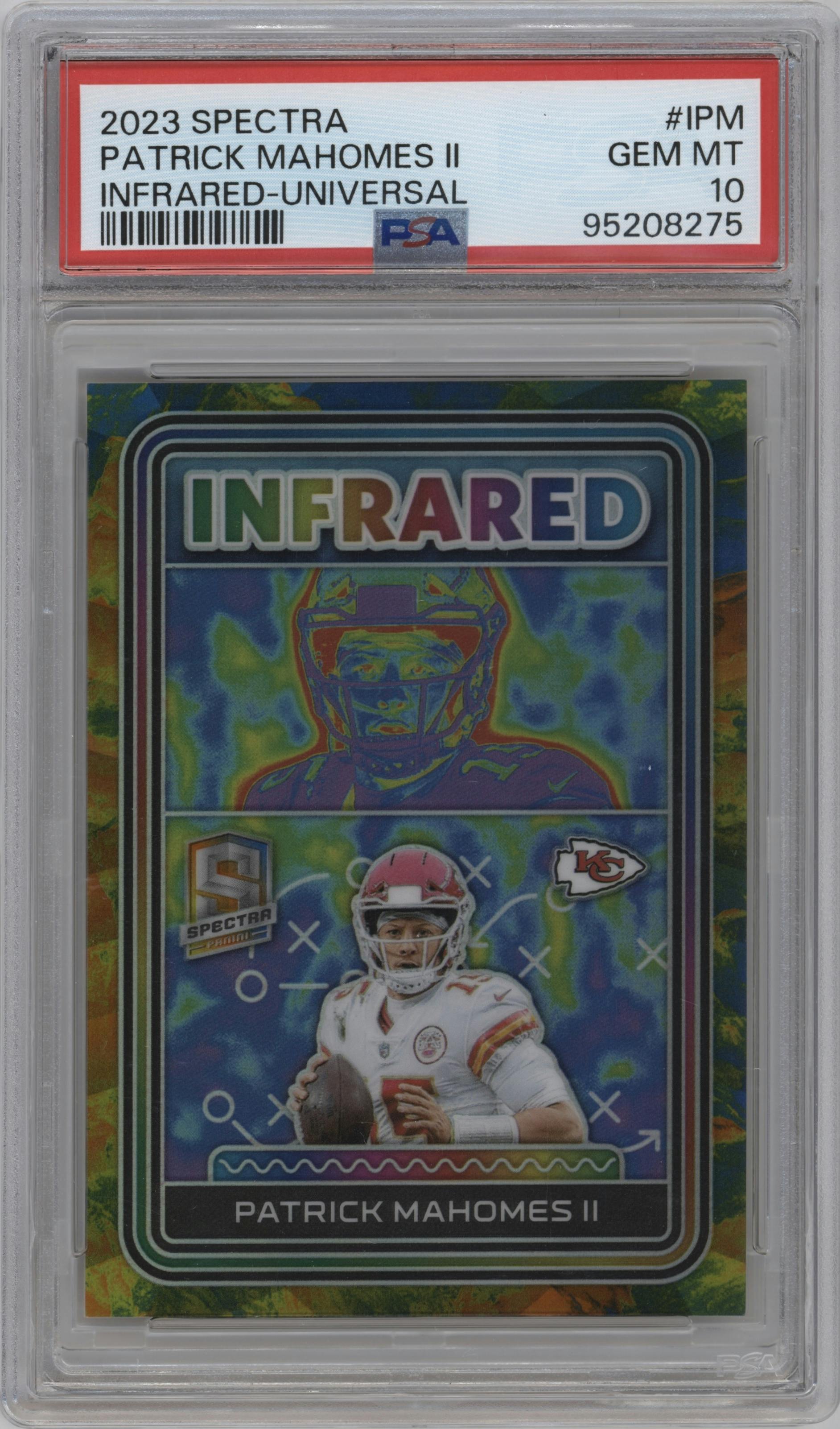 Patrick Mahomes II from the 2023 Panini Spectra set featuring a Universal parallel graded by PSA and given an overall grade of 10.