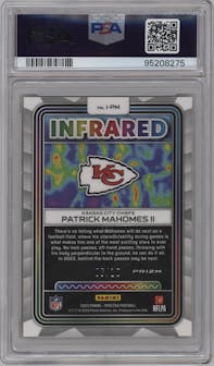 Patrick Mahomes II from the 2023 Panini Spectra set featuring a Universal parallel graded by PSA and given an overall grade of 10.