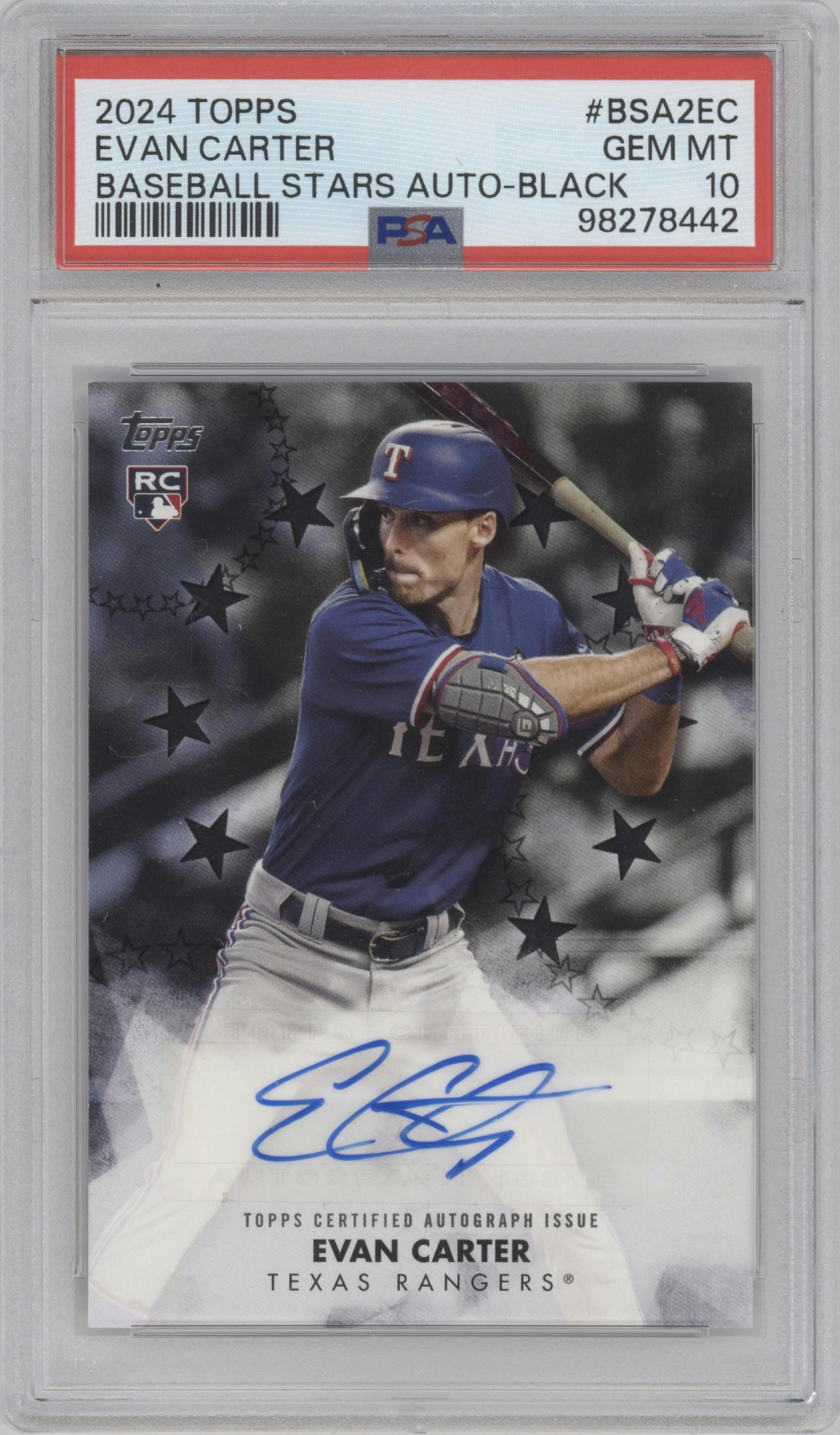 Evan Carter from the 2024 Topps  set featuring a Black parallel graded by PSA and given an overall grade of 10.