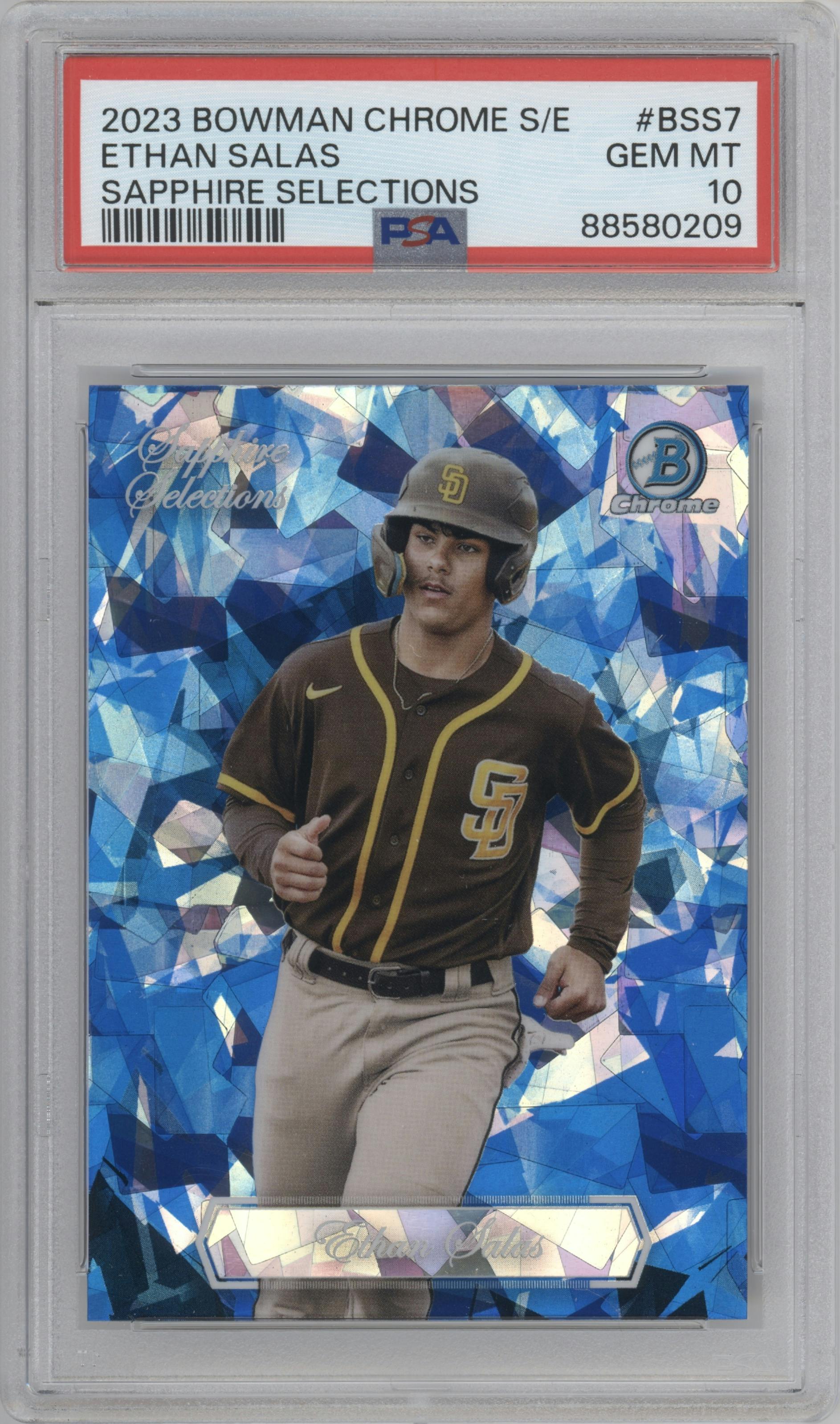 Ethan Salas from the 2023 Bowman Chrome Sapphire Edition set graded by PSA and given an overall grade of 10.
