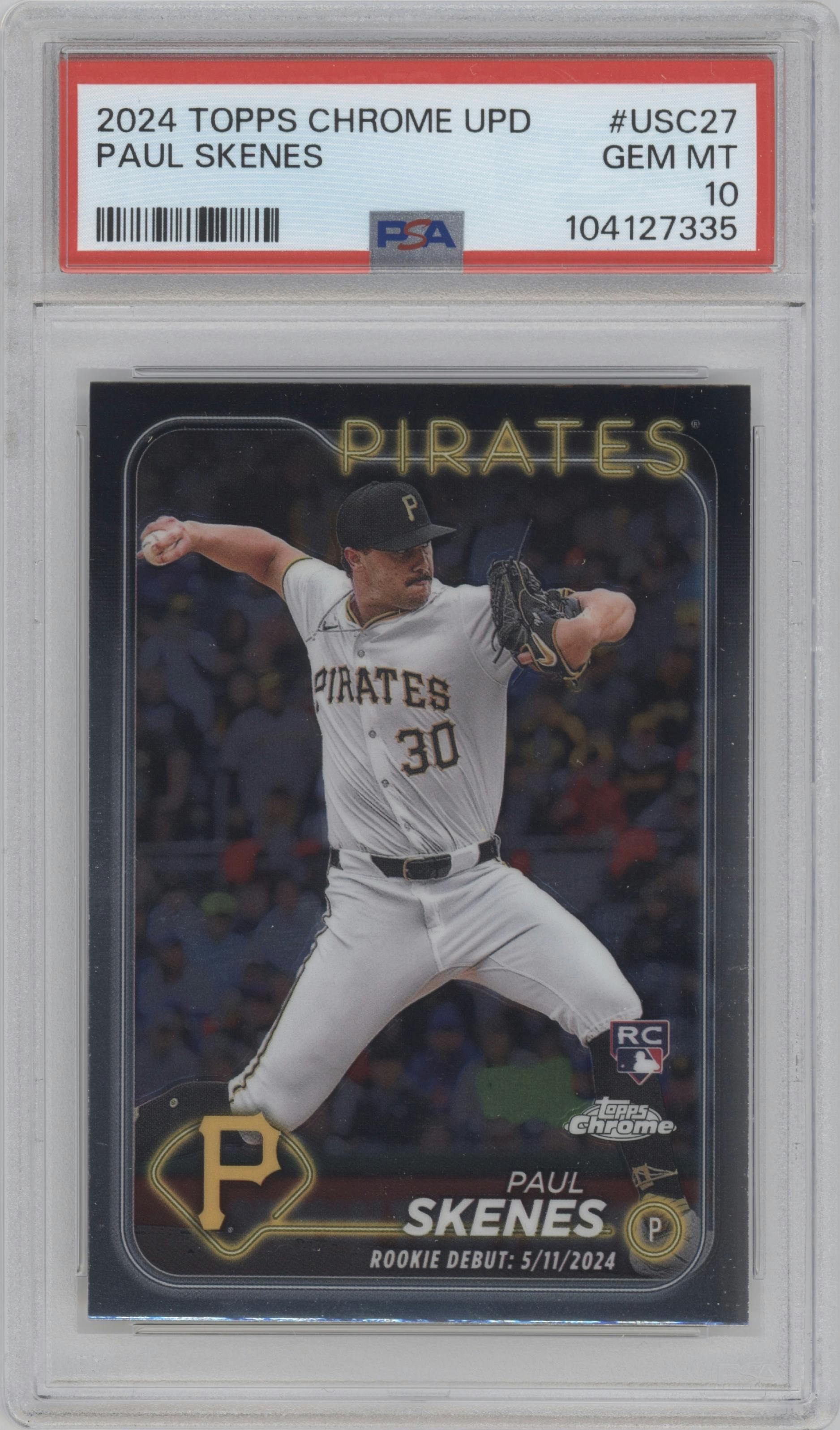 Paul Skenes from the 2024 Topps Chrome Update set graded by PSA and given an overall grade of 10.